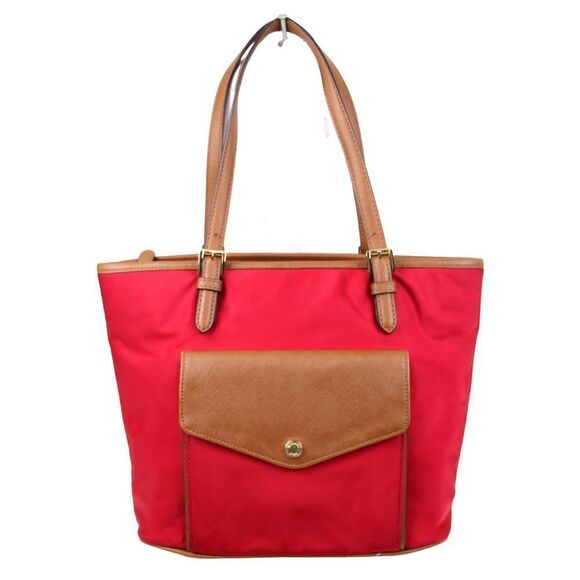 MICHAEL KORS RED NYLON CANVAS TAN BROWN GENUINE LEATHER TRIM TOTE SHOULDER BAG - Picture 1 of 14